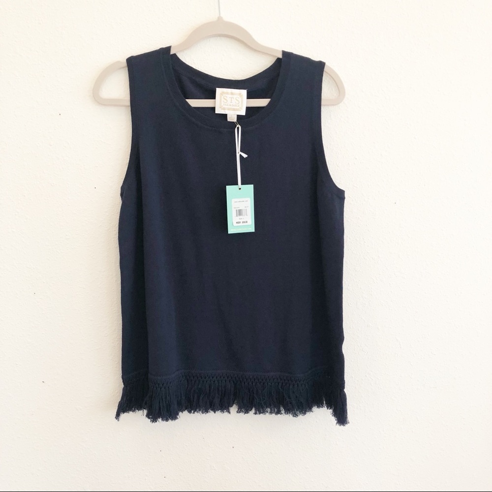 STS  Navy Blue Fringed Sleeveless Sweater NWT